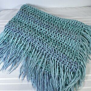Vintage Handmade Blue Sully Open-Weave Fringe Throw Retro Accent Blanket Boho